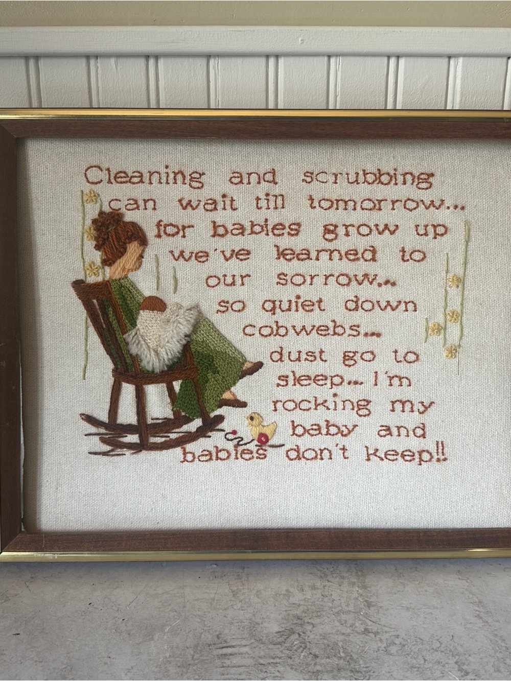 Vintage Sunset Designs Babies Don't Keep Crewel Embroidery Handmade Frame 12x15